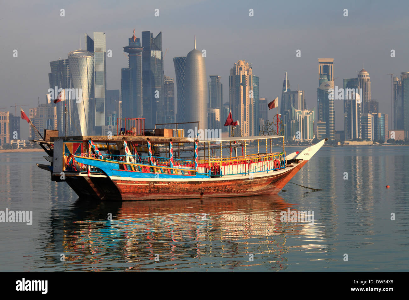 Qatar, Doha, skyline, West Bay, business district, dhow, traditional boat, Stock Photo