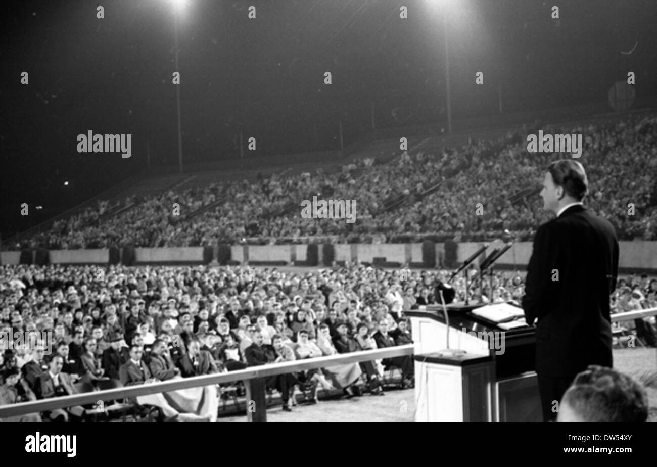 Evangelist Billy Graham speaking at Doak Campbell Stadium in Tallahassee, Florida Stock Photo