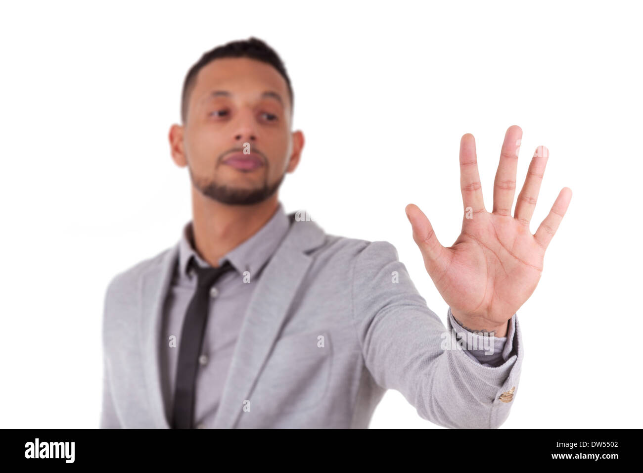 African American business man touching a transparent screen - Black people, isolated on white background Stock Photo