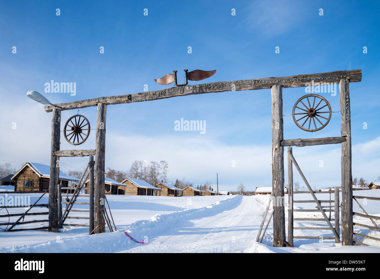 Gate Flying U Ranch, Green Lake Rd. Cariboo Region, British Columbia, Canada Stock Photo