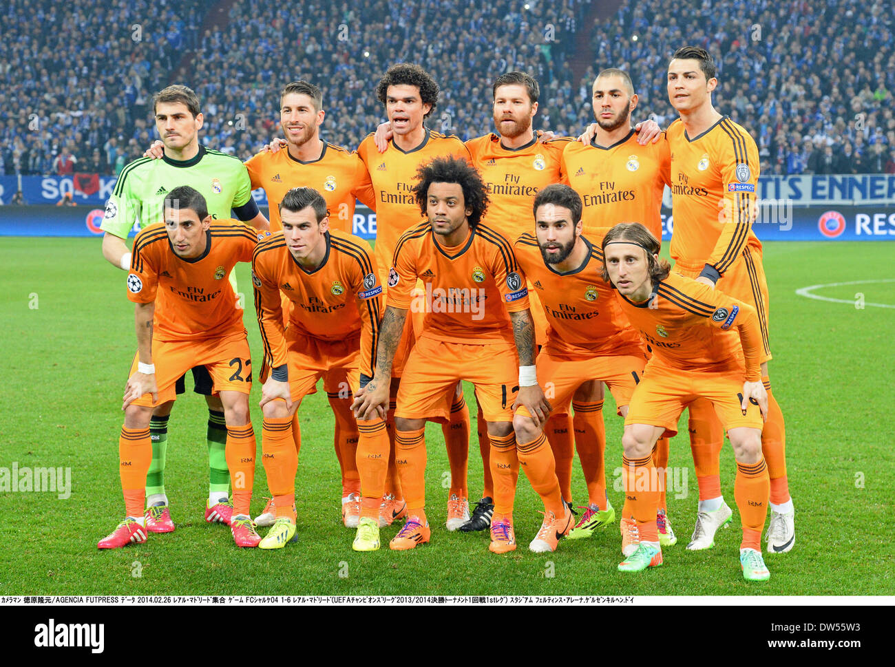 Gelsenkirchen, Germany. 26th Feb, 2014. Real Madrid team group line-up Football / Soccer : Real Madrid team group shot (Top row - L to R) Iker Casillas, Sergio Ramos, Pepe, Xabi Alonso, Karim Benzema, Cristiano Ronaldo, (Bottom row - L to R) Angel Di Maria, Gareth Bale, Marcelo, Daniel Carvajal and Luka Modric before the UEFA Champions League Round of 16, 1st leg match between FC Schalke 04 1-6 Real Madrid at Veltins-Arena in Gelsenkirchen, Germany . Credit:  Takamoto Tokuhara/AFLO/Alamy Live News Stock Photo