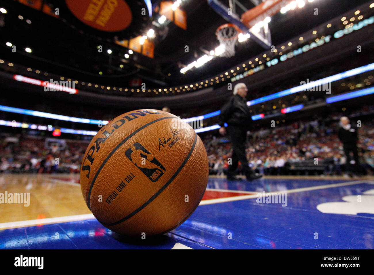February 26, 2014: The basketball sits on the court during the NBA game between the Orlando Magic and the Philadelphia 76ers at the Wells Fargo Center in Philadelphia, Pennsylvania. The Magic won 101-90. Christopher Szagola/Cal Sport Media Stock Photo