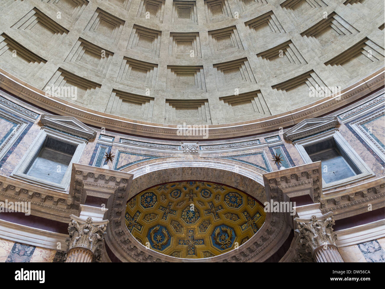 The Pantheon in Rome features an iconic dome with a central oculus and a grand main altar. Above the altar is the choir vault, a beautifully designed space that highlights the Pantheon’s architectural brilliance. The Pantheon remains one of the best-preserved ancient Roman monuments. Stock Photo