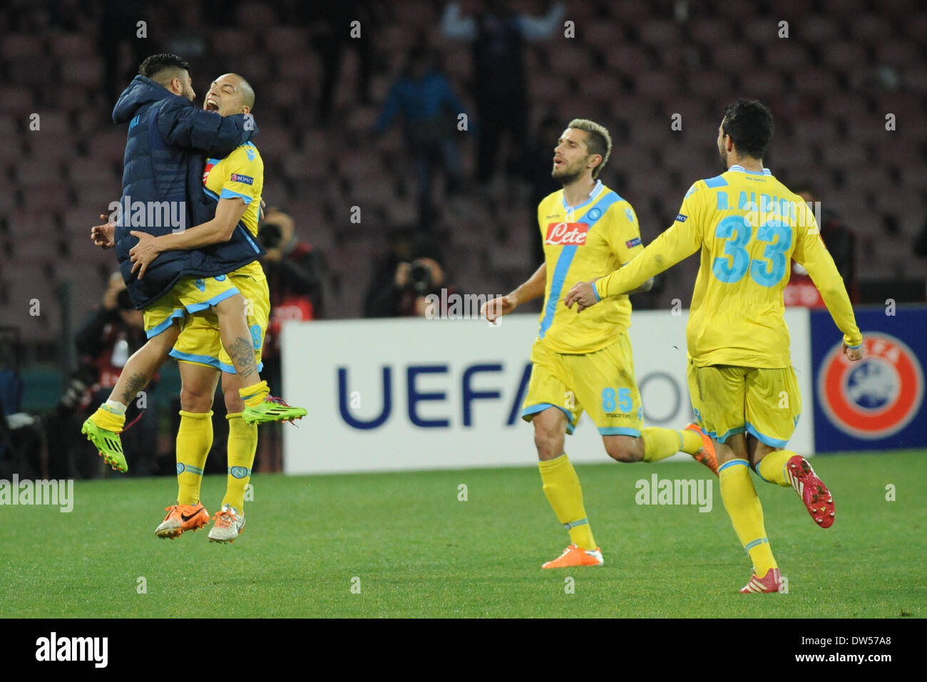 Naples, Italy. 27th Feb, 2014. Gokhan Inler celebrates after scoring during the UEFA Europa League Round of 32 Second Leg match between SSC Napoli and Swansea City Football / Soccer at Stadio San Paolo on February 27, 2014 in Naples, Italy. Credit:  Franco Romano/NurPhoto/ZUMAPRESS.com/Alamy Live News Stock Photo