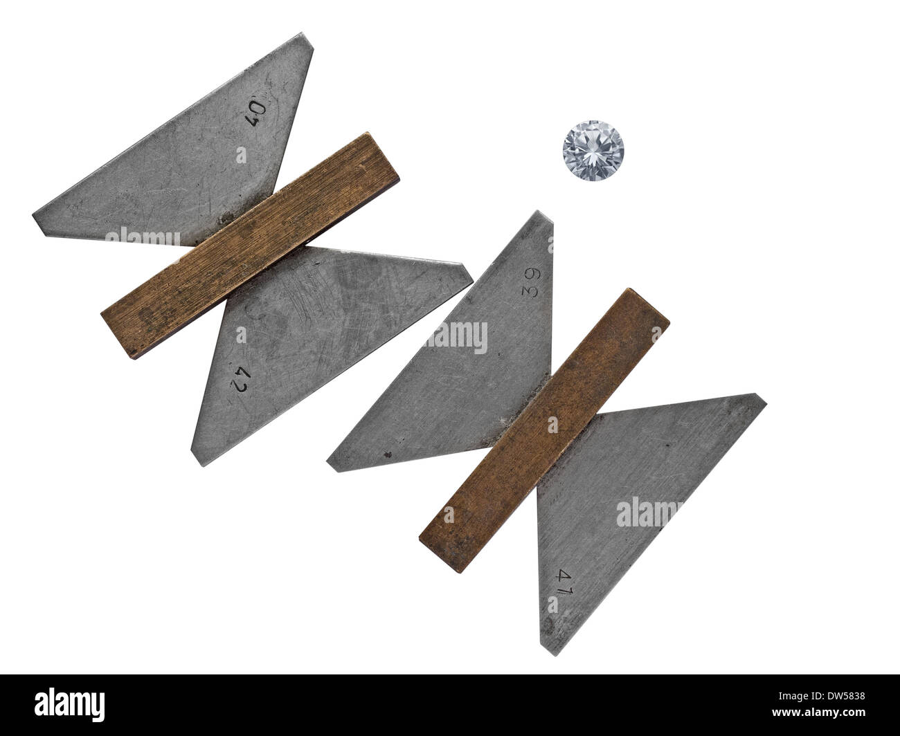 vintage diamond angle measuring gauges and a round diamond over white, clipping path Stock Photo