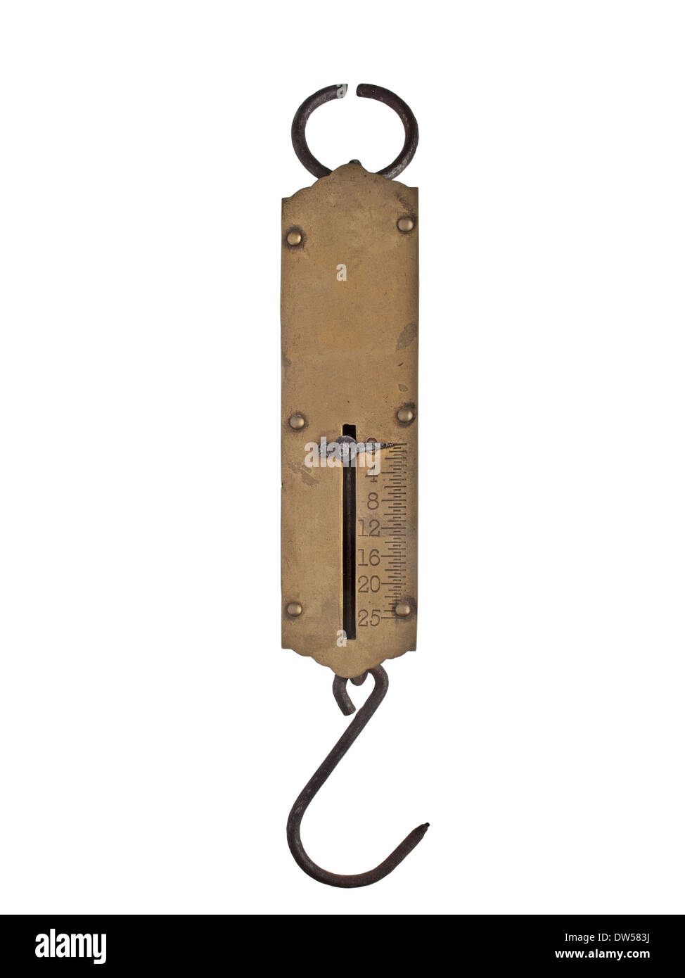 vintage portable brass spring weighing scale isolated over white