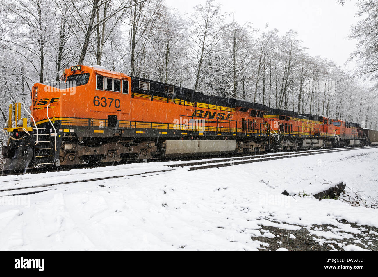 BNSF Railway locomotives and coal cars parked and idling on a rail siding during a snow storm in Delta, B.C. Canada. Stock Photo