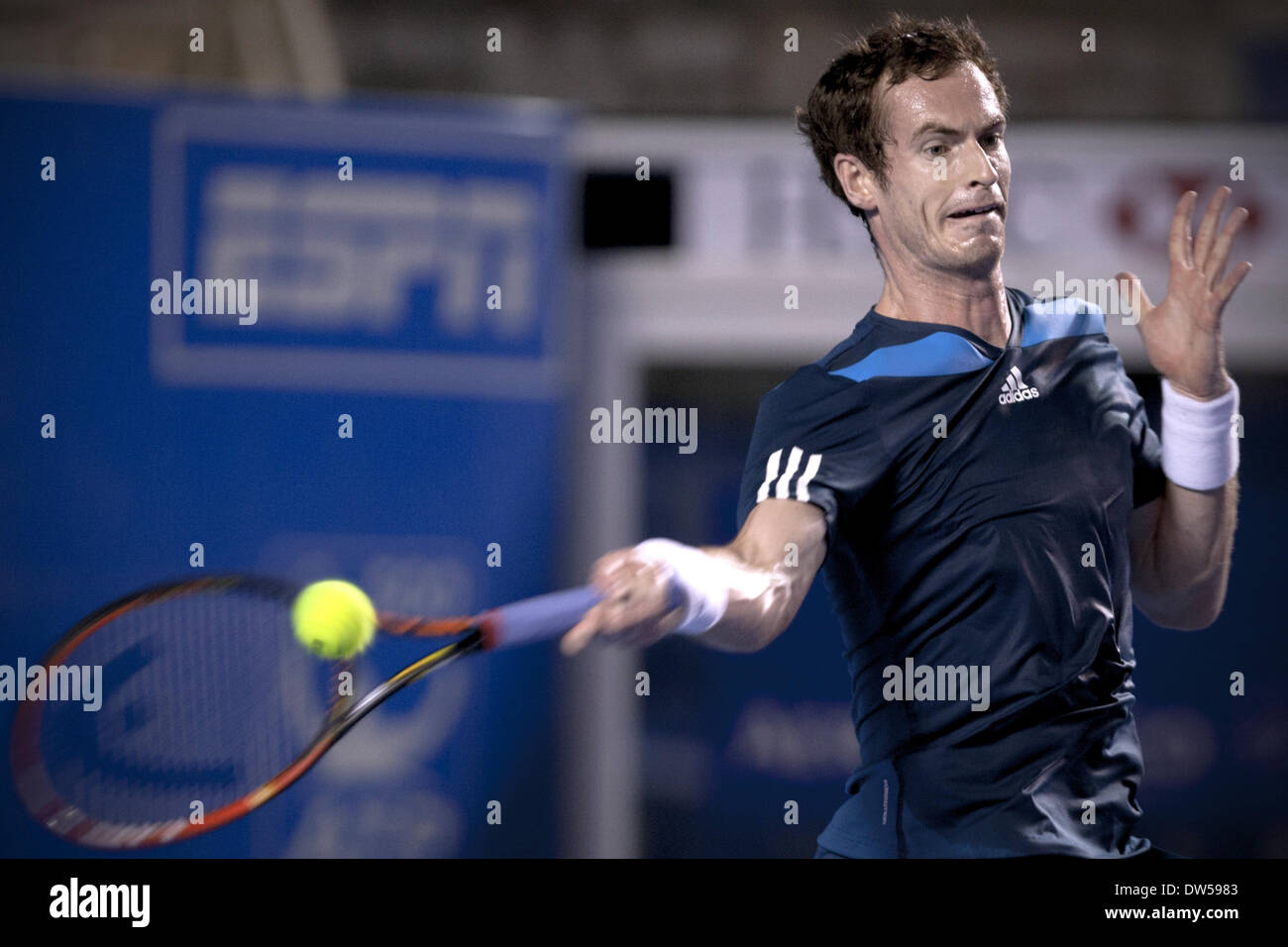 Acapulco, Mexico. 27th Feb, 2014. Andy Murray of Britain returns the ball  to Gilles Simon of France during a men's singles quarterfinal at the  Mexican Open tennis tournament in Acapulco, Mexico, on
