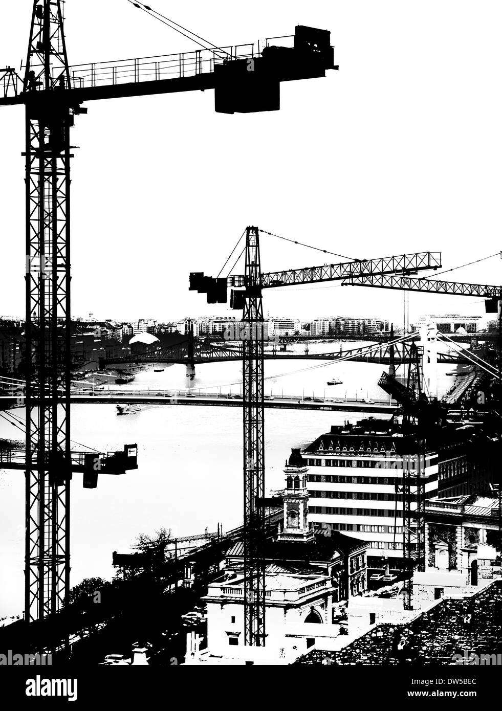 Architecture construction tower crane cranes Black and White Stock ...