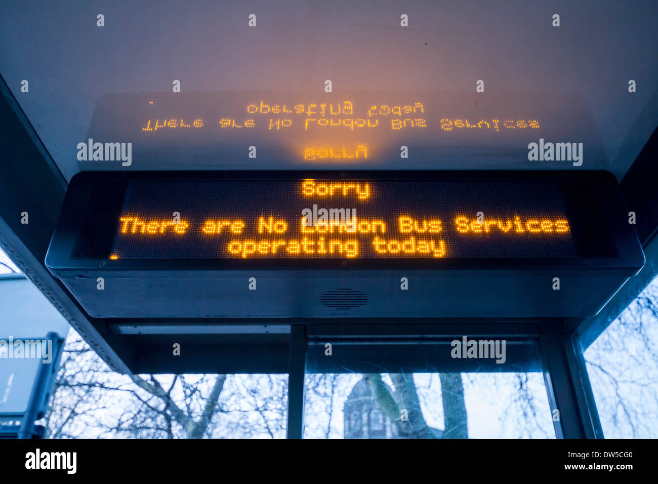 A central London bus stop shelter displays no bus services are running during 24hr strike action Stock Photo