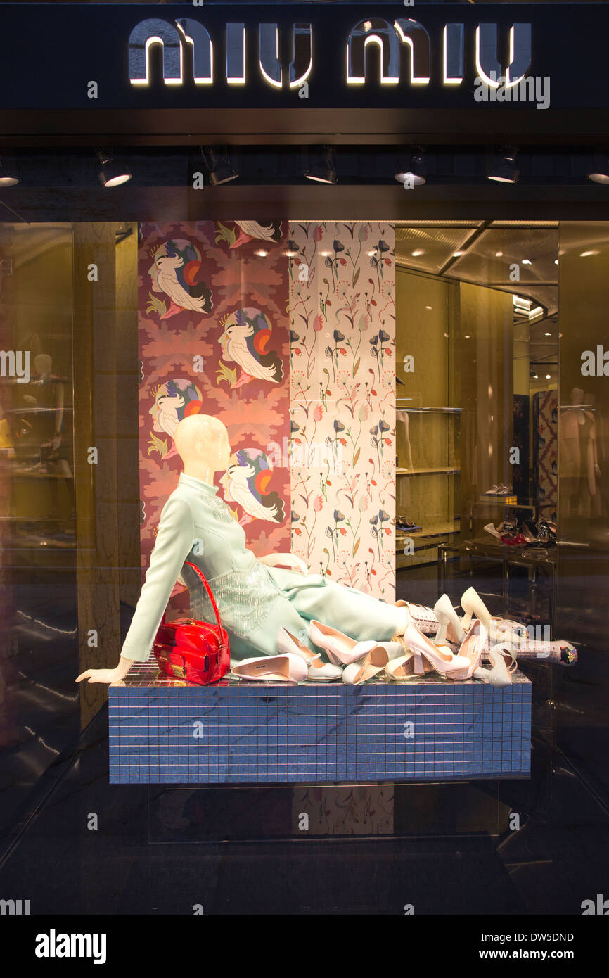 MIU MIU fashion boutique window, Via Della Spiga, Milan, Milano, Lombardy, Italy Stock Photo