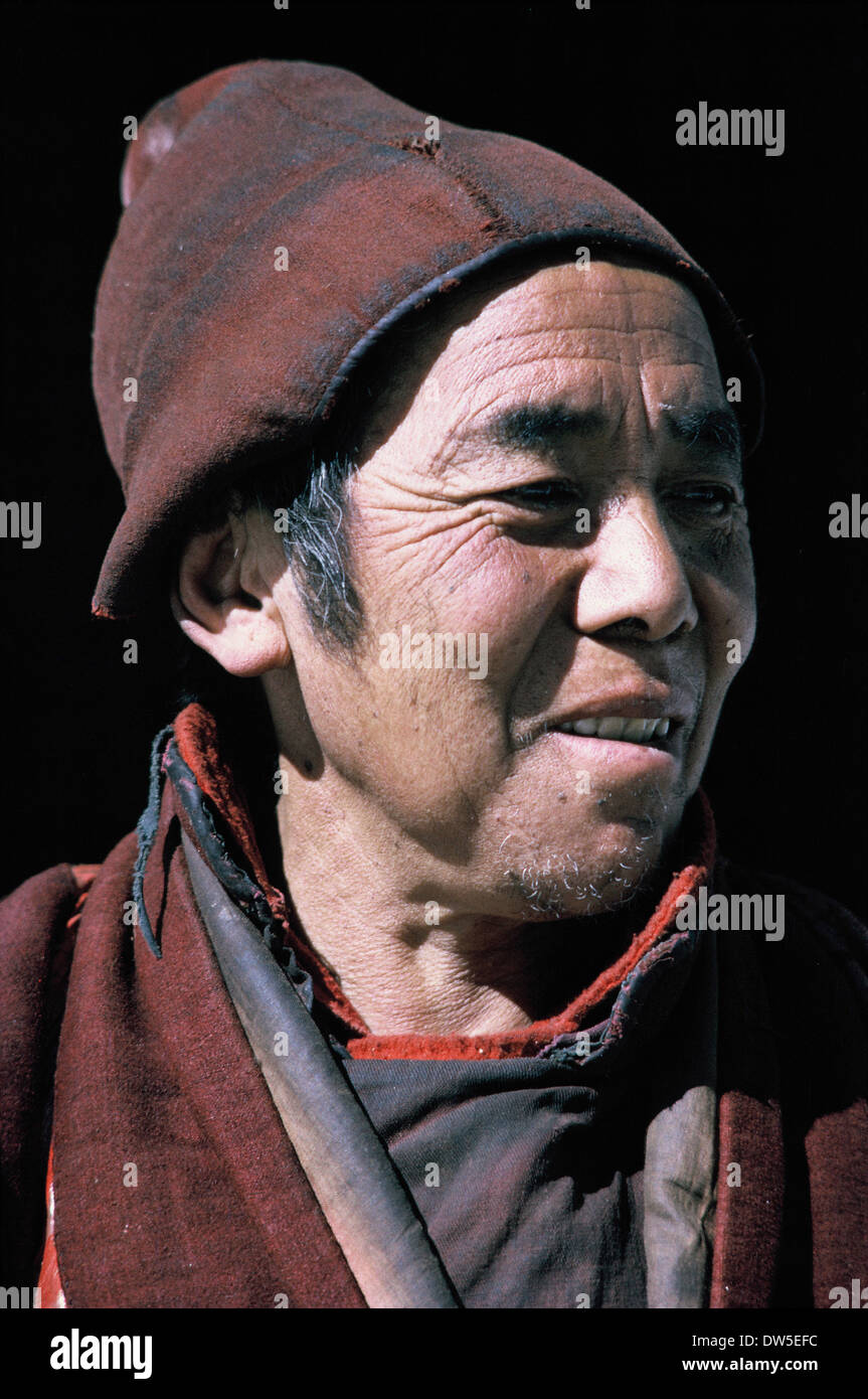 Full-face color/colour portrait, Tibetan monk, Nepal, 1969 Stock Photo