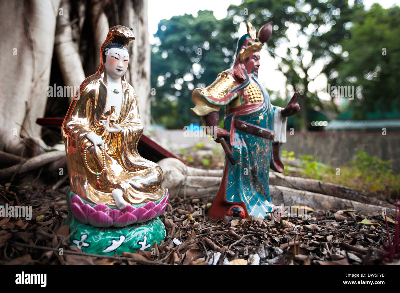 Statues of popular Chinese gods Guanyin and Guan Yu, Hong Kong Stock