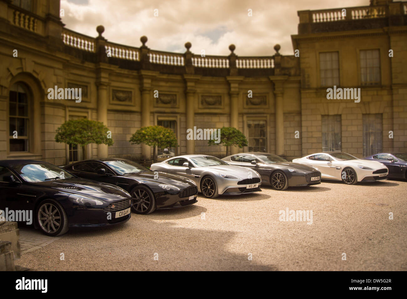 Aston Martins parked in front of a luxury hotel, Cliveden House, Berkshire, United Kingdom, Europe Stock Photo