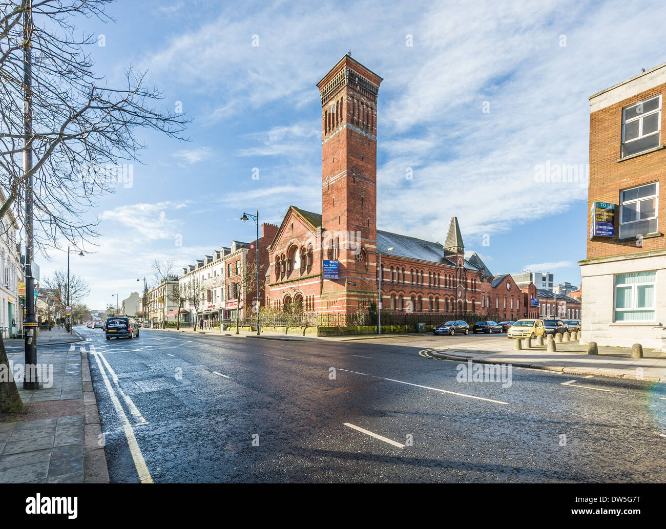 The Methodist Church in Queen's Quarter, stands out as a pleasing oddity, with red brick 'Lombard-Venetian-Romanesque' campanile Stock Photo