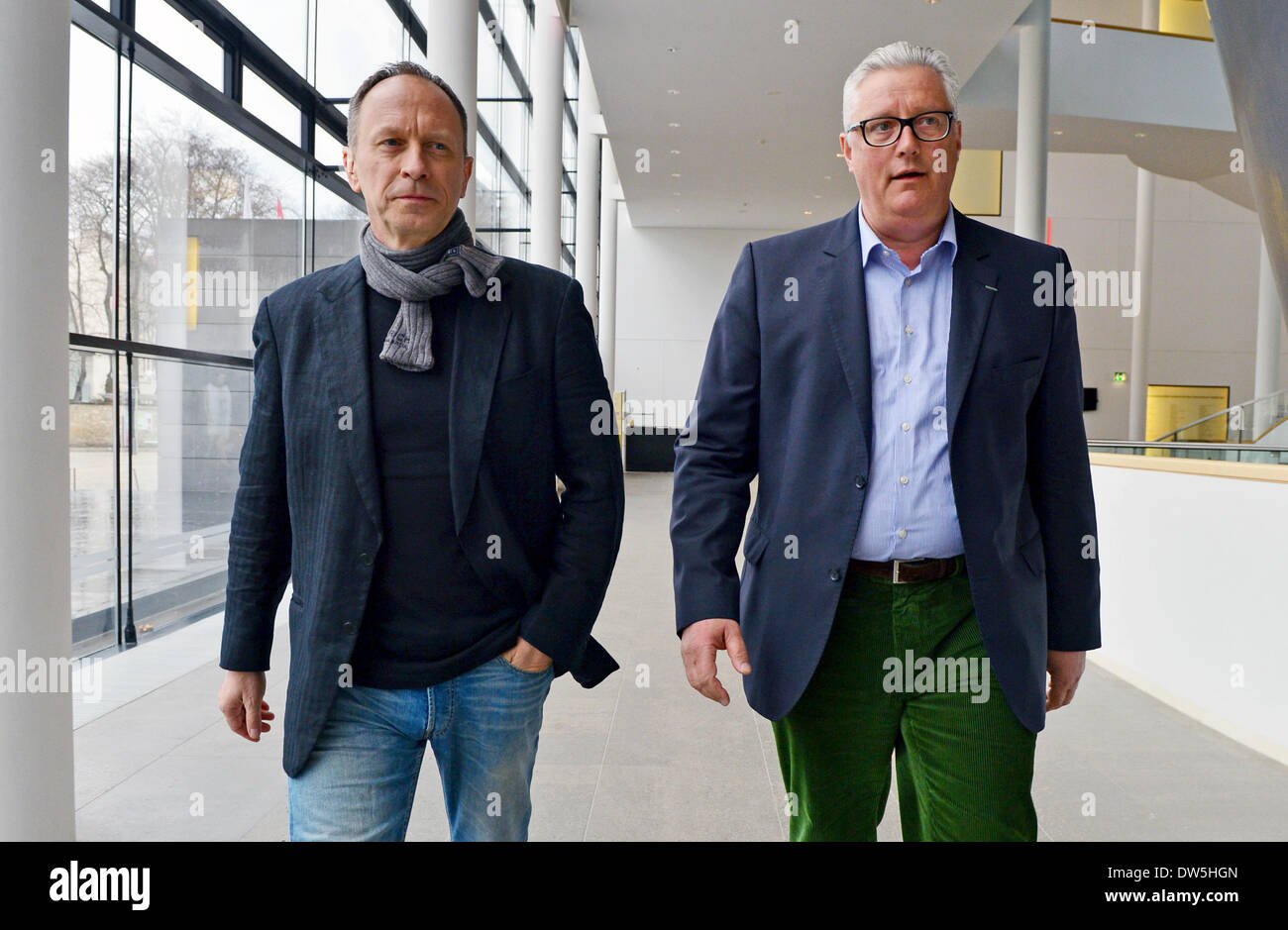 Erfurt, Germany. 28th Feb, 2014. Hasko Weber (L-R), director of the German National Theater Weiman and Swiss Direcot of Theater Erfurt Guy Montavon stand next to each other in Erfurt, Germany, 28 February 2014. They discuss future collaborations between Theater Erfurt and the German National Theater Weimar during a press confernce. Photo: MARTIN SCHUTT/dpa/Alamy Live News Stock Photo