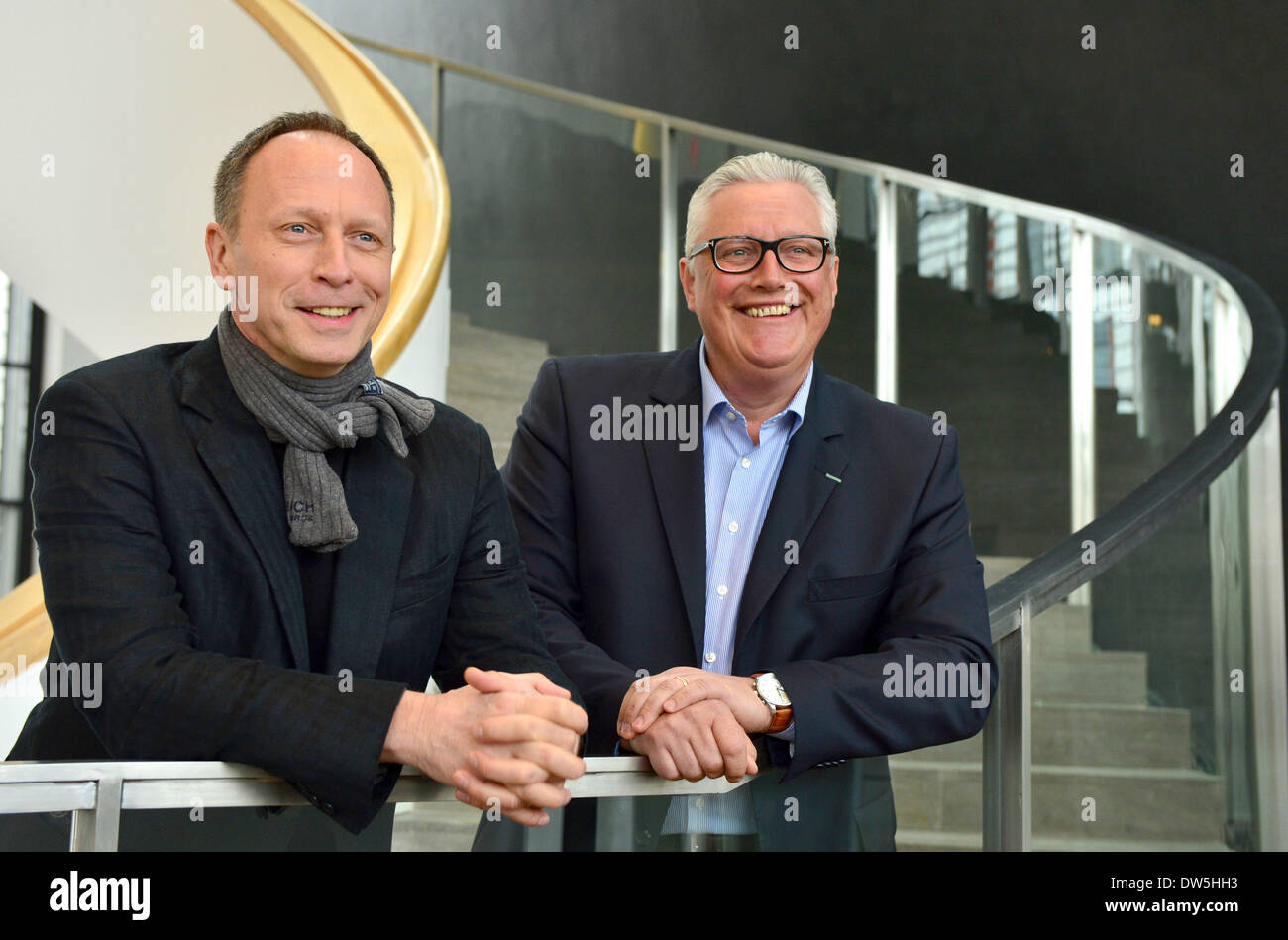 Erfurt, Germany. 28th Feb, 2014. Hasko Weber (L-R), director of the German National Theater Weiman and Swiss Director of Theater Erfurt Guy Montavon stand next to each other in Erfurt, Germany, 28 February 2014. They discuss future collaborations between Theater Erfurt and the German National Theater Weimar during a press confernce. Photo: MARTIN SCHUTT/dpa/Alamy Live News Stock Photo