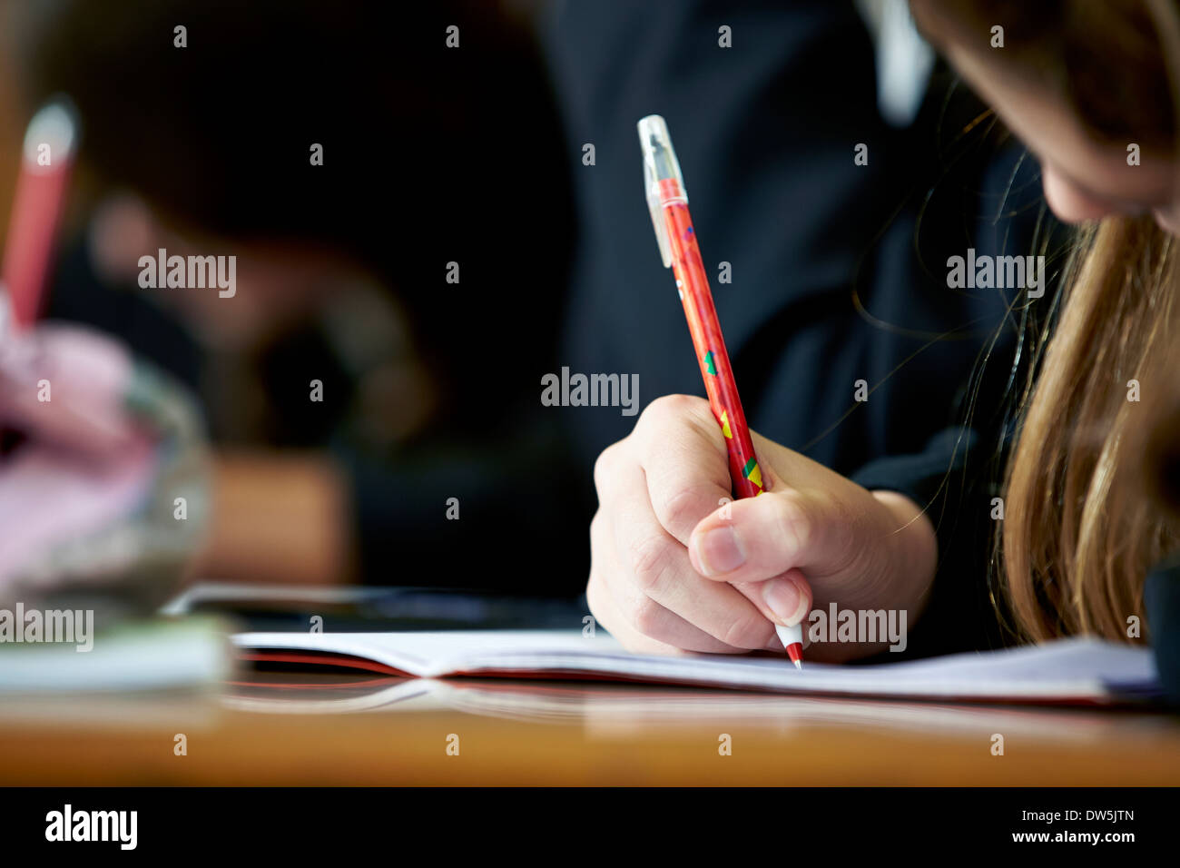 A school girl writes in her book during a school lesson Stock Photo