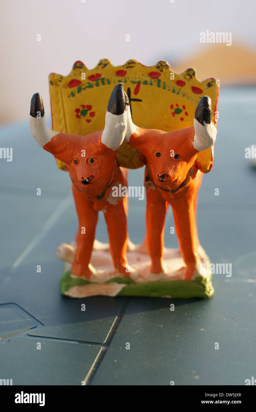 Portugese earthen figurine of two ox oxes in the yoke Stock Photo