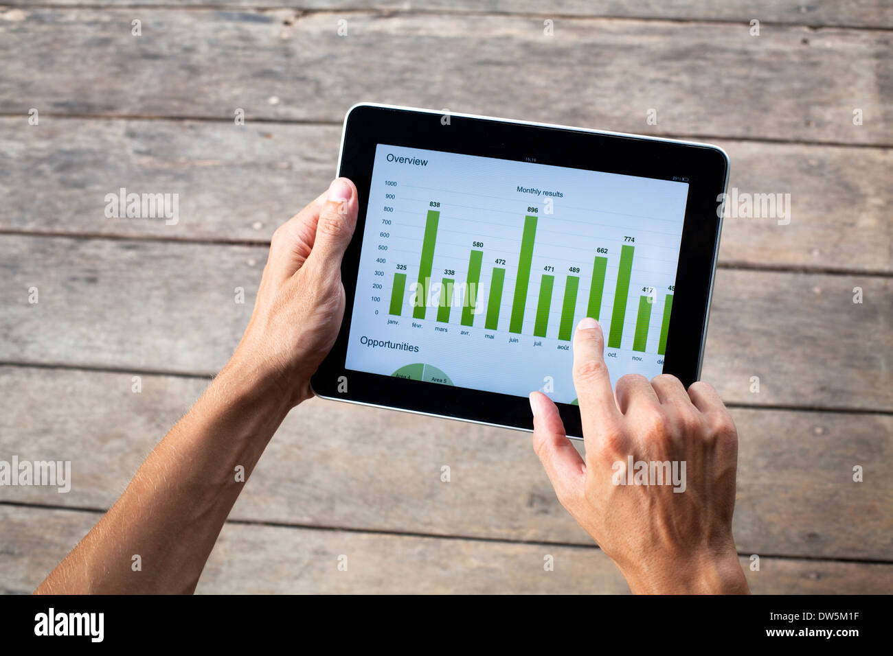 tablet with green chart in hands of business man Stock Photo