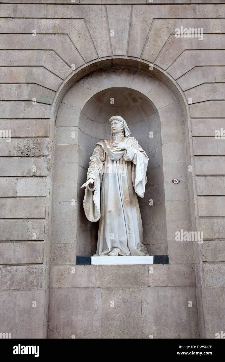 Spain, Catalonia, Barcelona, Statue of Juan Hualler Conseller Il de Barcelona on City Hall, Placa de Sant Jaume. Stock Photo