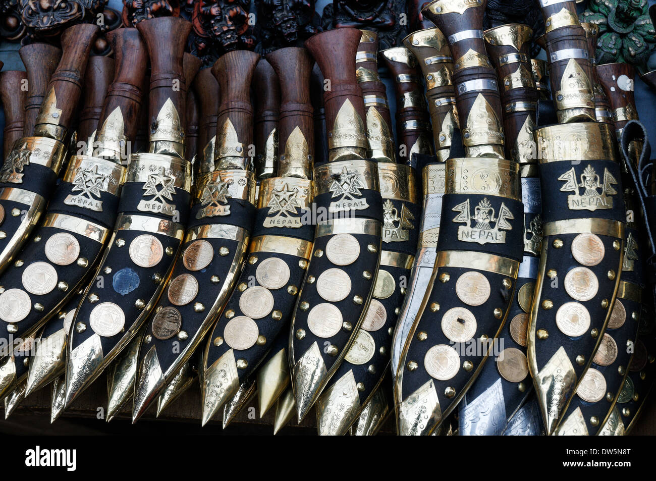 A selection Kukhuri knives on sale at a Nepal market Stock Photo