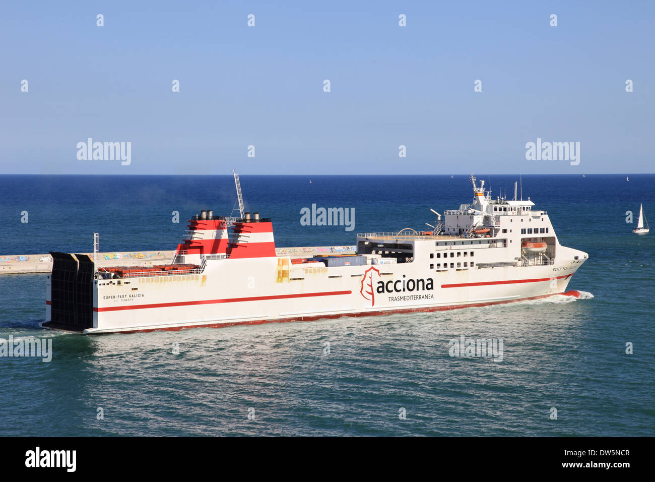 Acciona Line Ro-Ro Ferry ship Super Fast Galicia leaves Barcelona harbor Spain Stock Photo