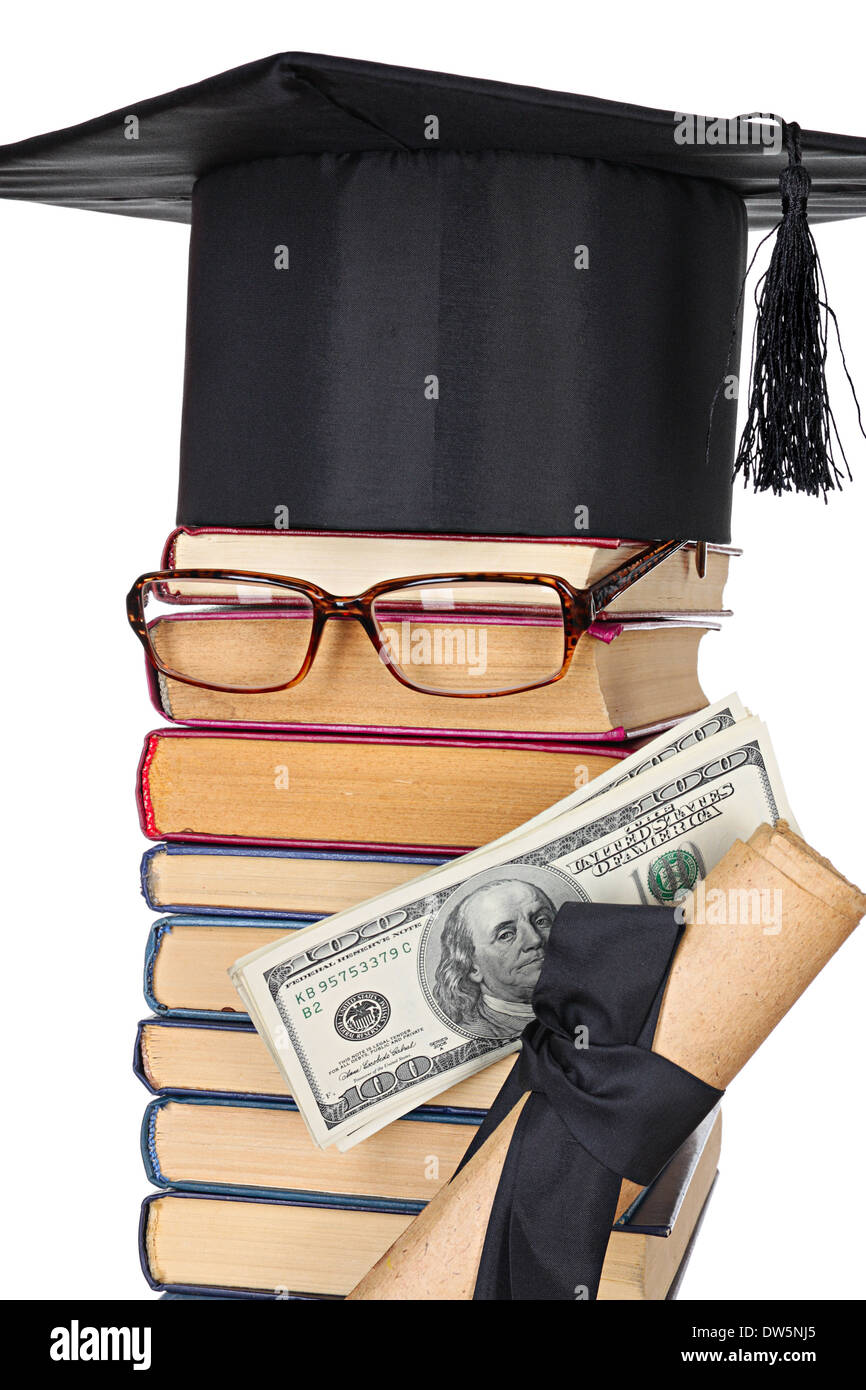Parody image of the successful student: books, eyeglasses, mortarboard, money Stock Photo
