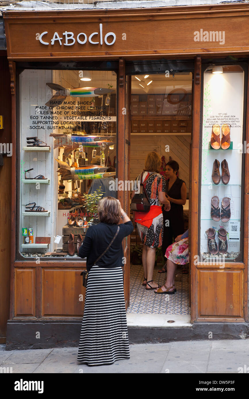 Spain, Catalonia, Barcelona, Caboclo hand made shoes shop in the narrow