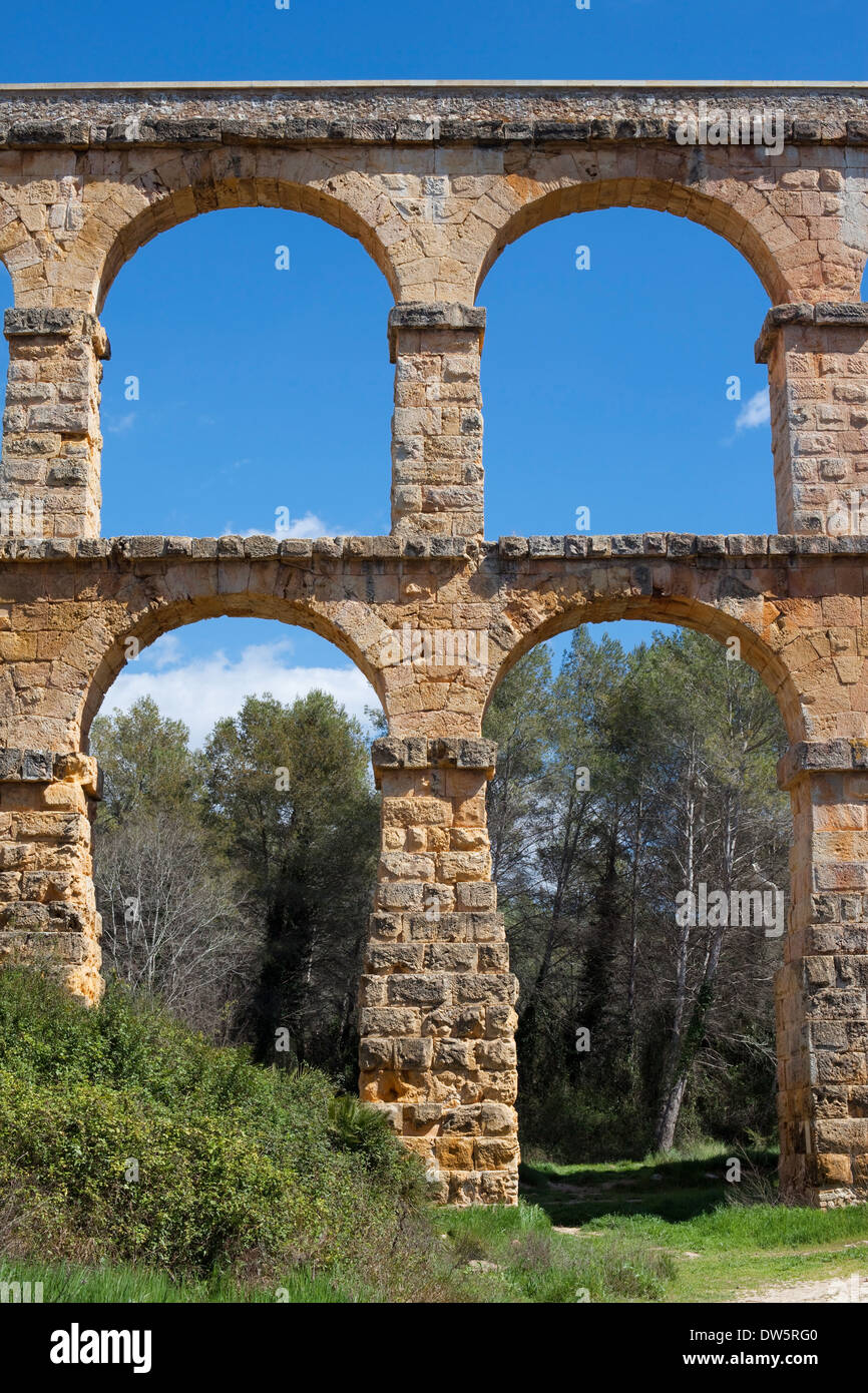 Pont del Diable, part of the roman aqueduct that supplied water to the ancient city of Tarraco in the Iberian Peninsula. Stock Photo