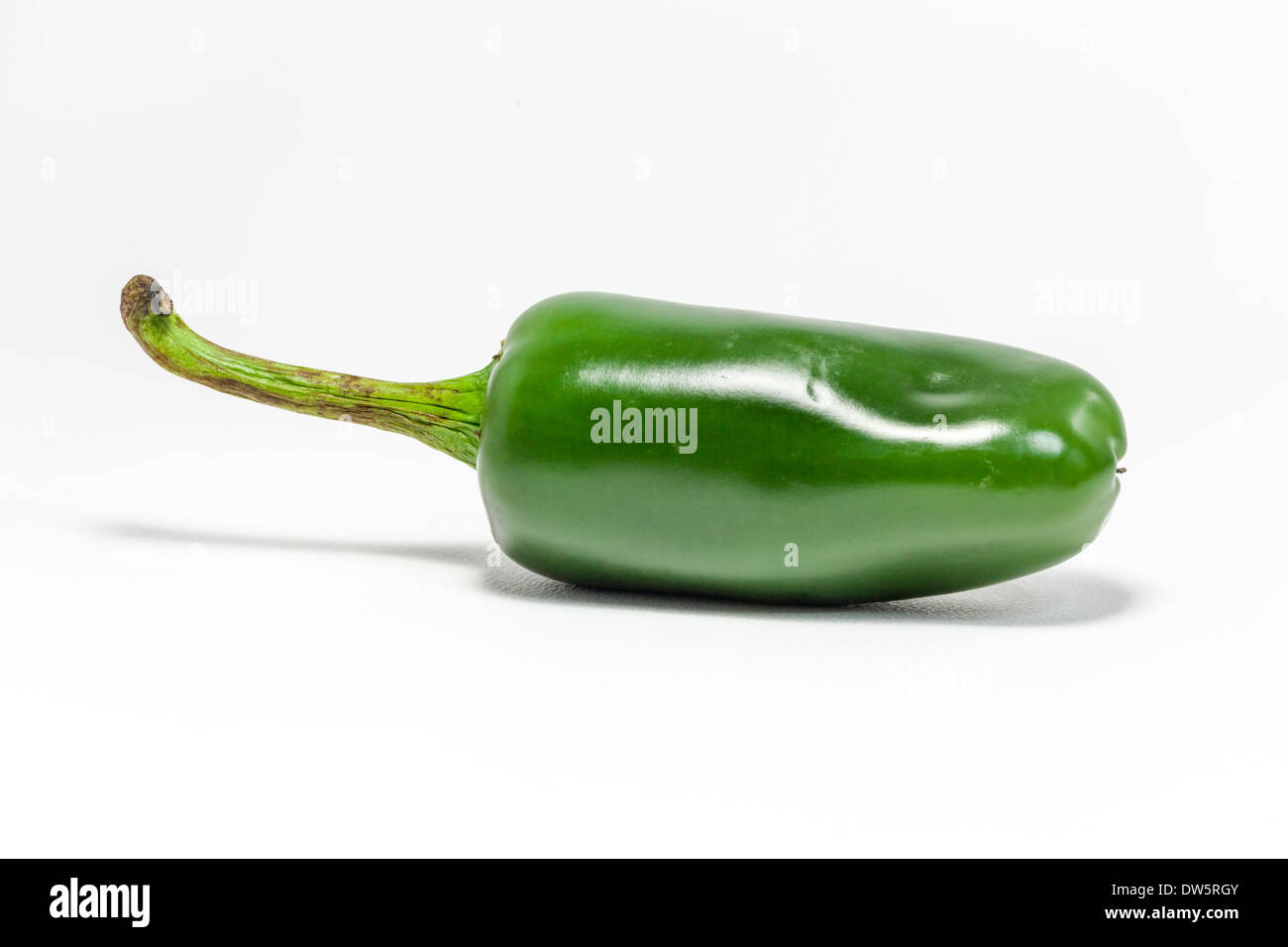 One green, very hot Jalapeno pepper, the C. Annuum cultivar of the Capsicum family. Named after Jala town in Santa Cruz, Mexico Stock Photo