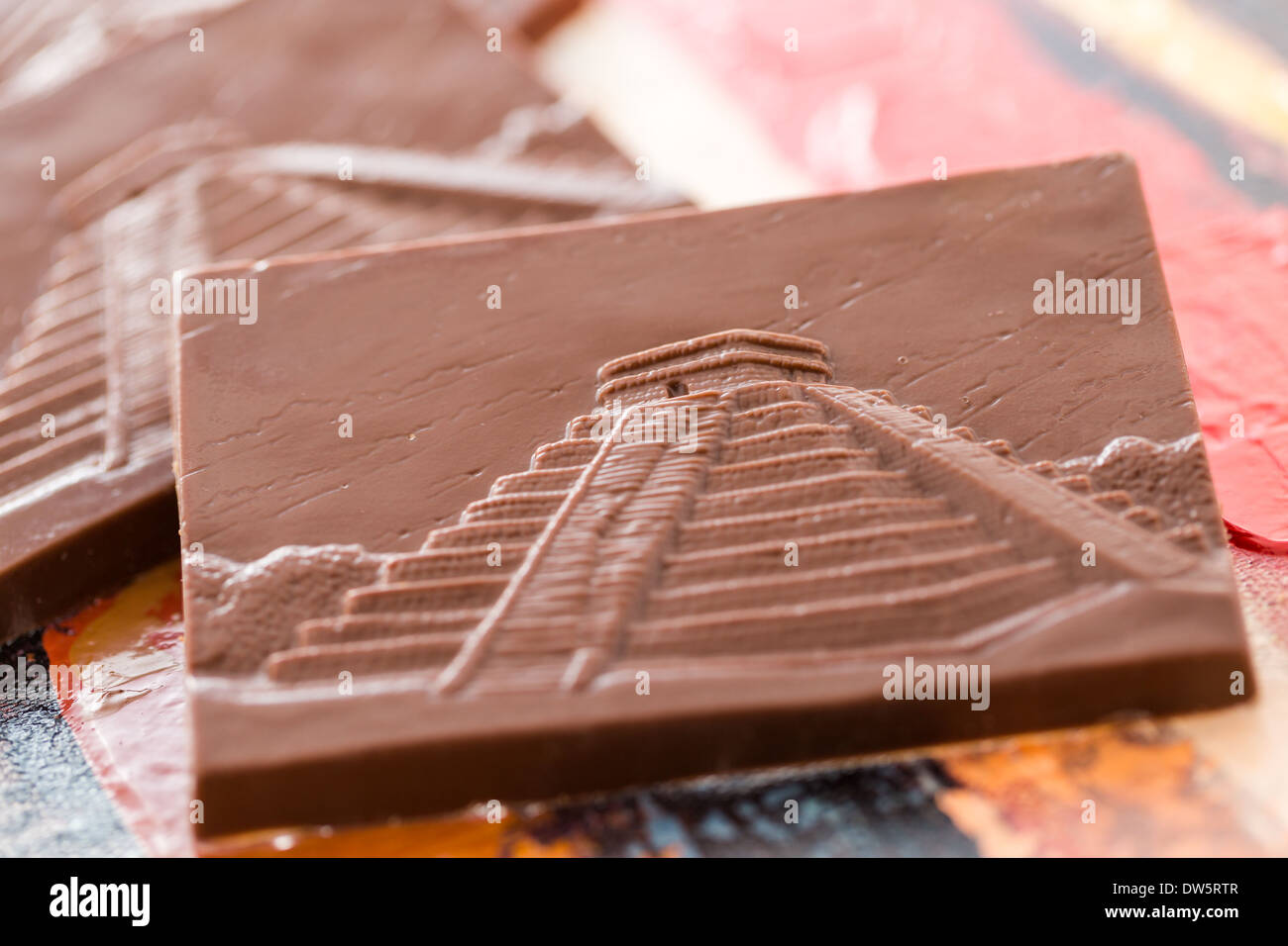 Gourmet milk chocolate bars with image of Maya pyramids Stock Photo - Alamy