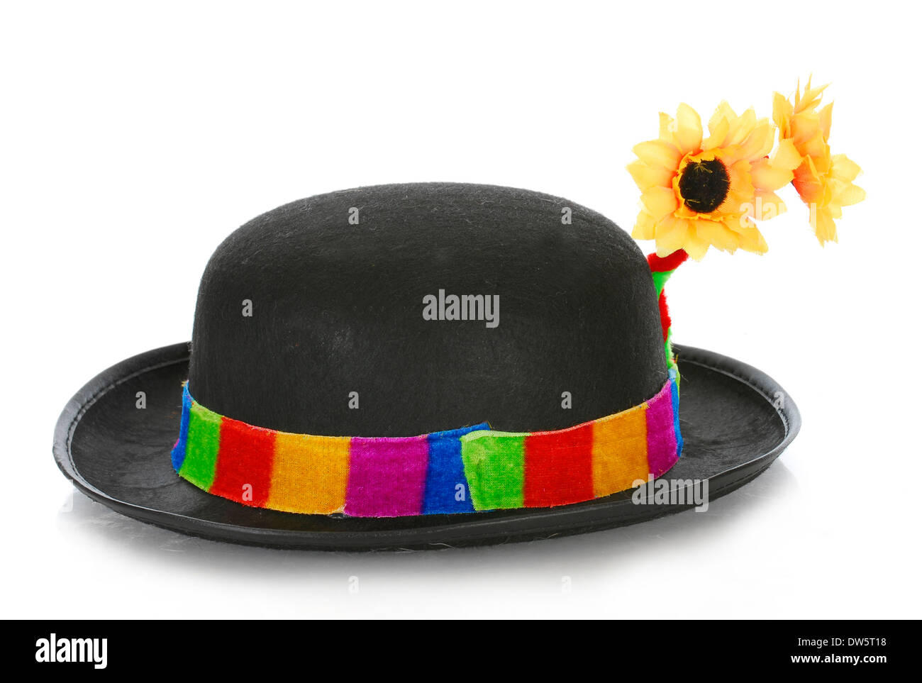 clown hat with colorful ribbon and flowers on white background Stock