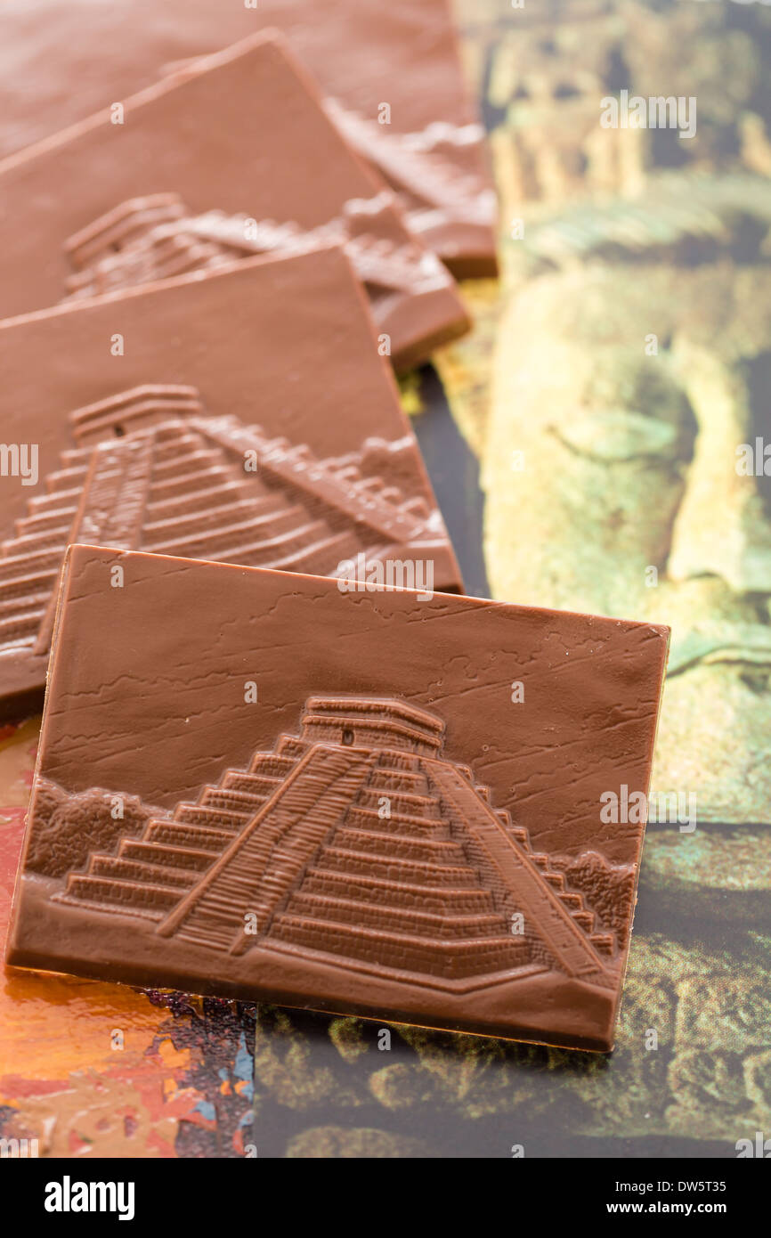 Gourmet milk chocolate bars with image of Maya pyramids Stock Photo Alamy
