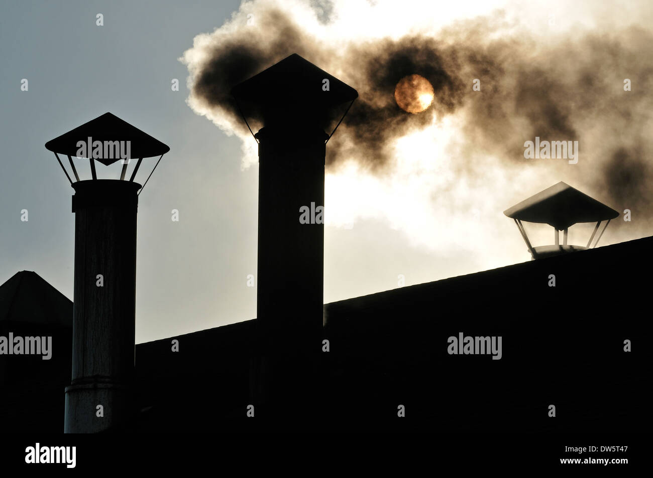 Smoke stacks at the Strasburg Railroad building, Lancaster County, Pennsylvania, USA. Stock Photo