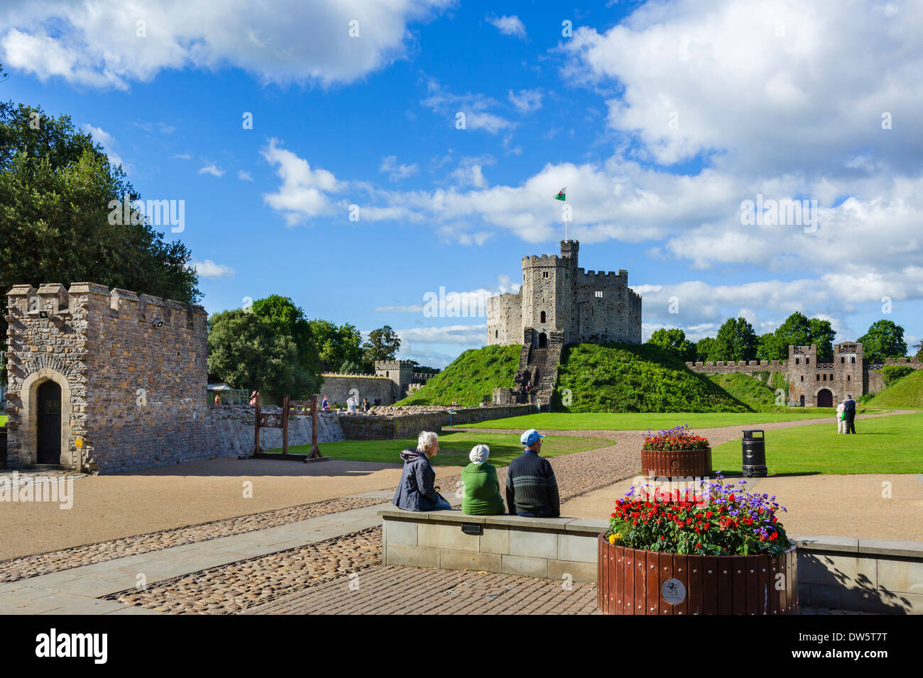 Visitors in front of the Norman shell keep inside Cardiff Castle, Cardiff, South Glamorgan, Wales, UK Stock Photo
