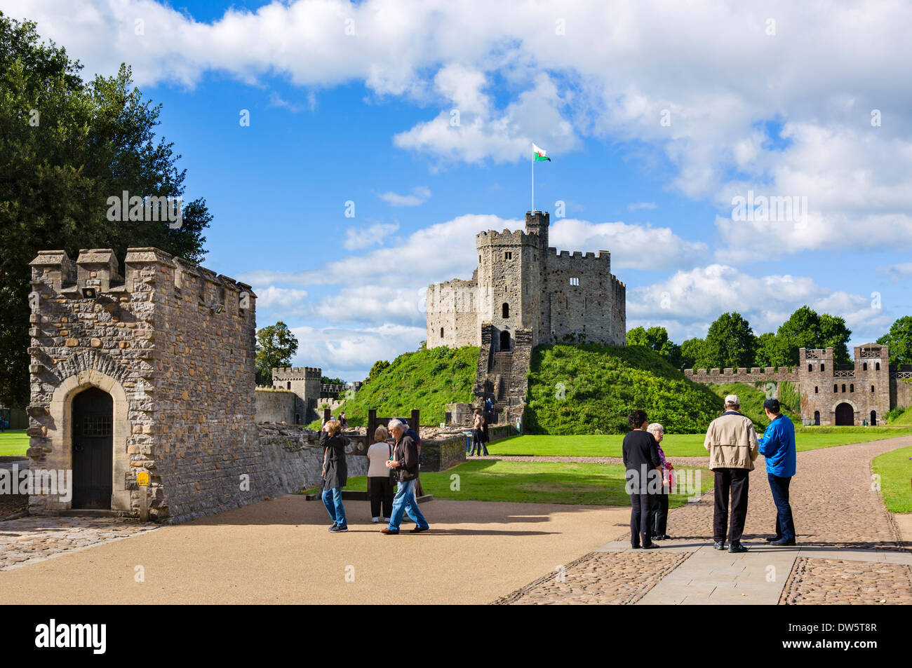 Visitors in front of the Norman shell keep inside Cardiff Castle, Cardiff, South Glamorgan, Wales, UK Stock Photo