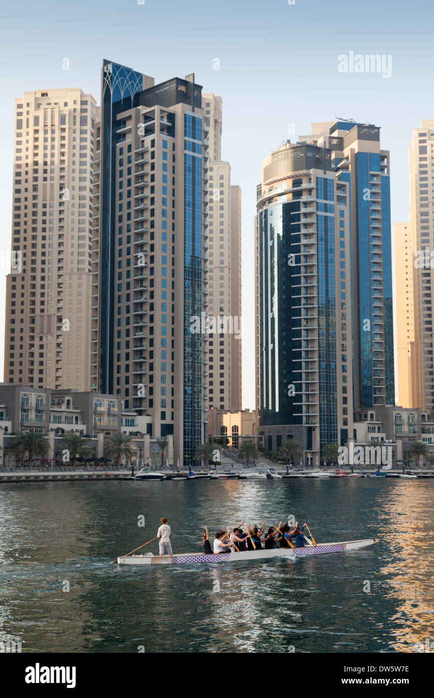 People rowing, Dubai Marina, Dubai, UAE, United Arab Emirates Middle East Stock Photo
