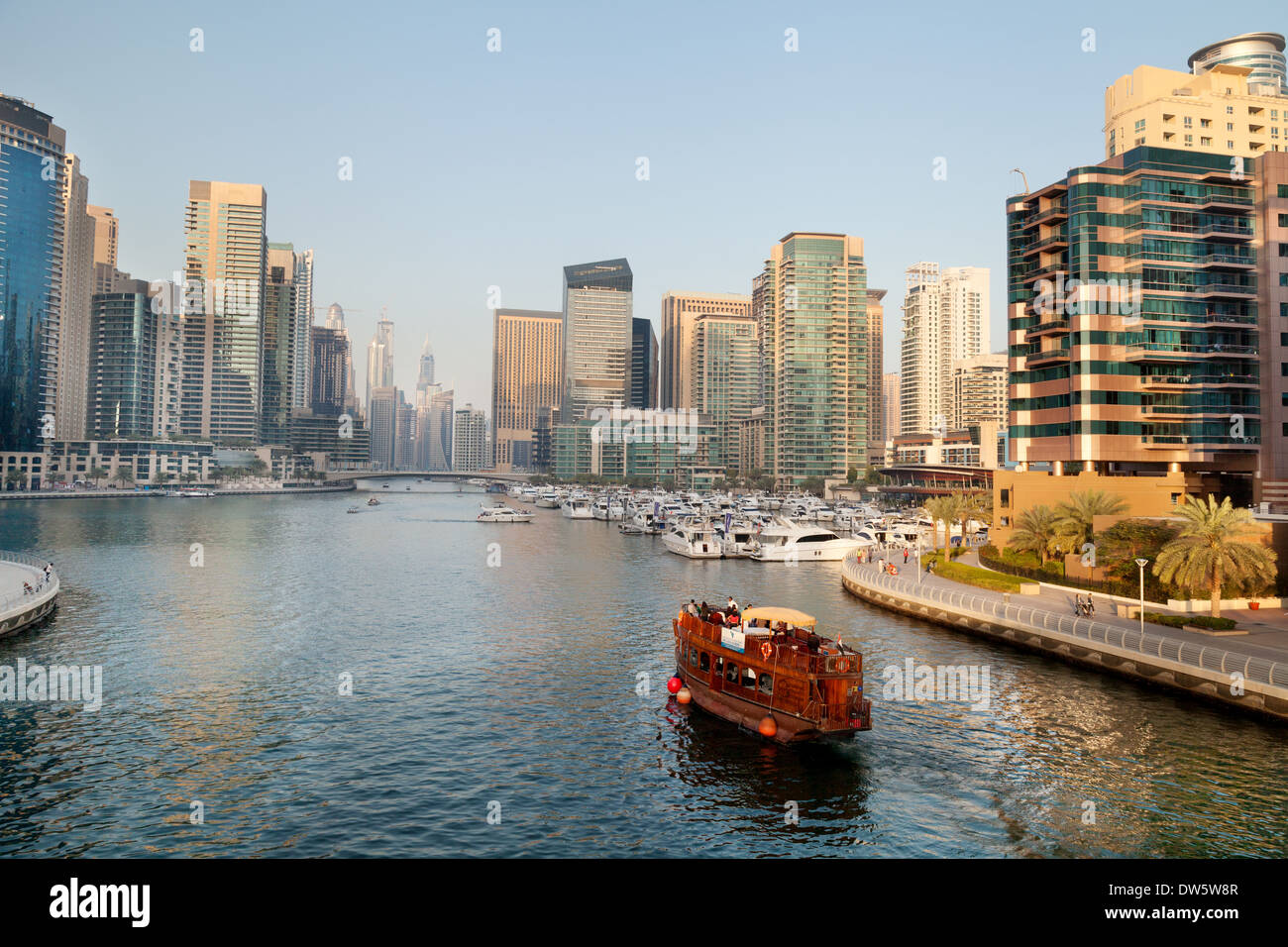 A tourist tour boat, Dubai Marina, Dubai, UAE, United Arab Emirates Middle East Stock Photo
