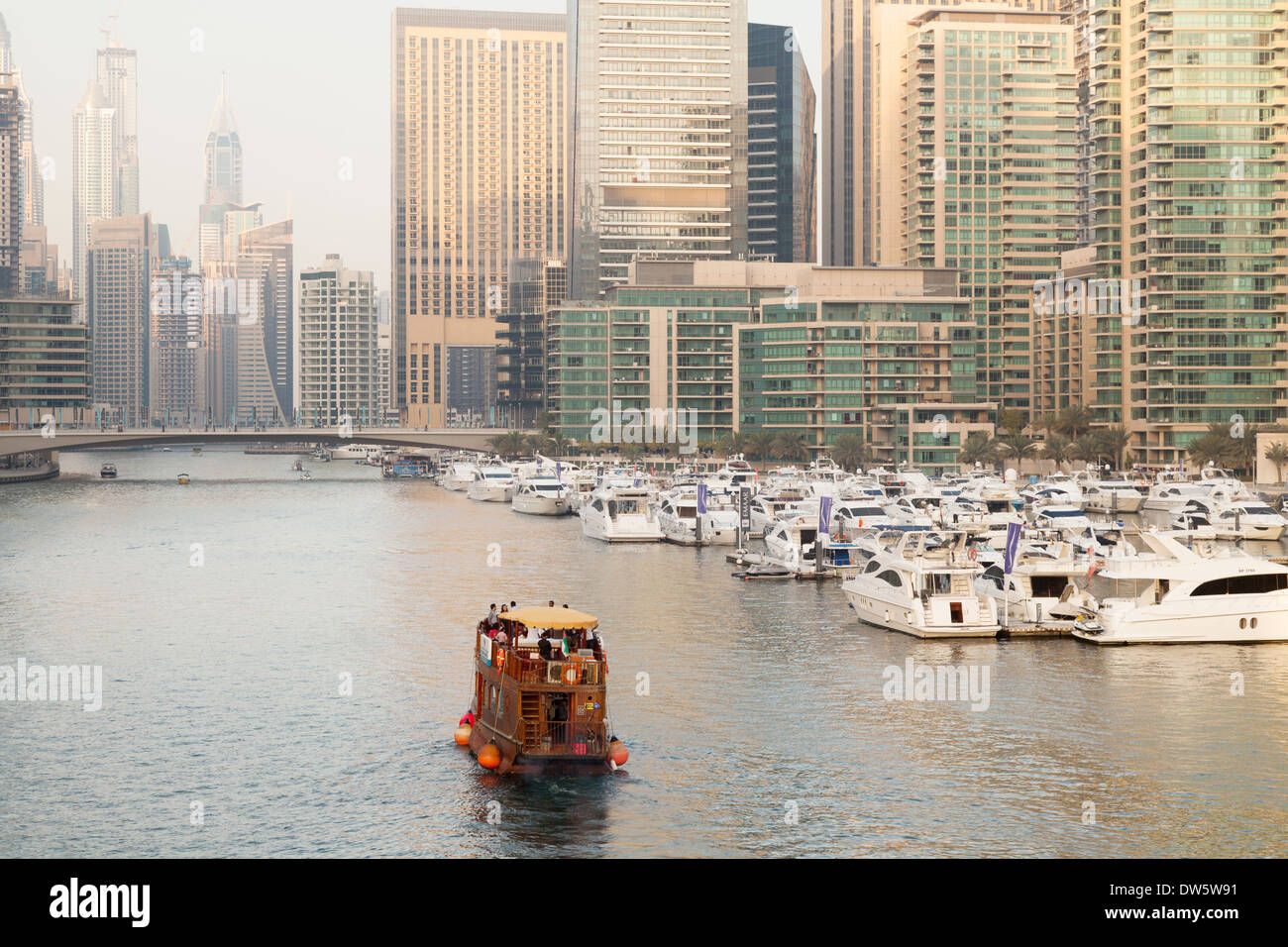 A wooden tourist tour boat, Dubai Marina, UAE, United Arab Emirates Middle East Stock Photo