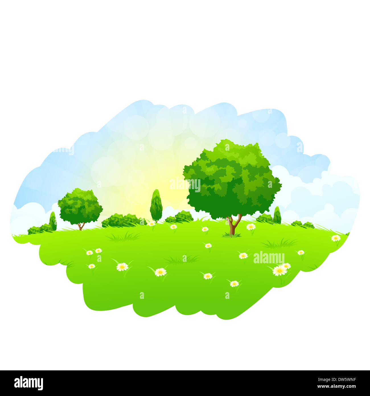 Green Landscape with Flowers Trees and Clouds Stock Photo - Alamy