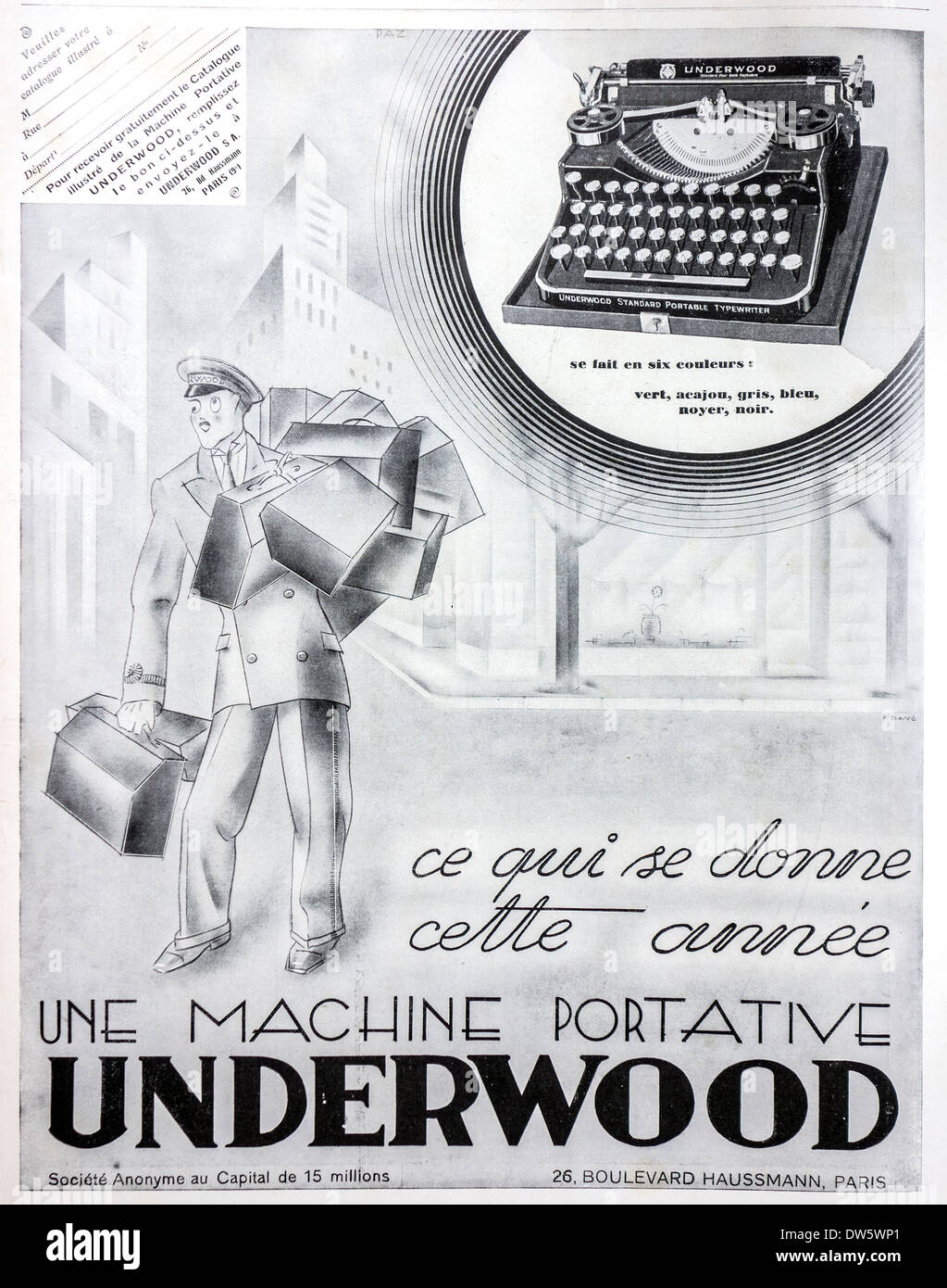 French black-and-white vintage advertisement for American Underwood portable typewriters in magazine, France Stock Photo