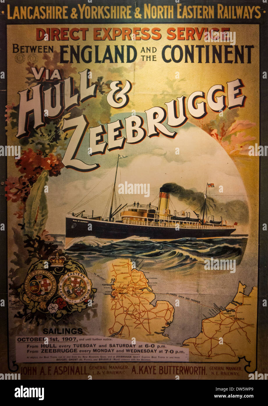 Vintage 1907 poster advertising the Hull Zeebrugge ferry service between England and the continent Stock Photo