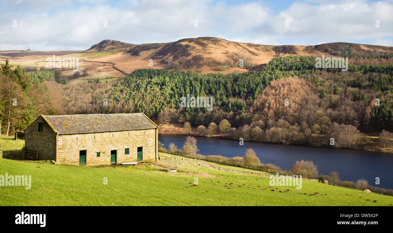 Field barn above Ladybower Reservoir in the Derbyshire Peak District looking towards Whinstone Lee Tor Stock Photo