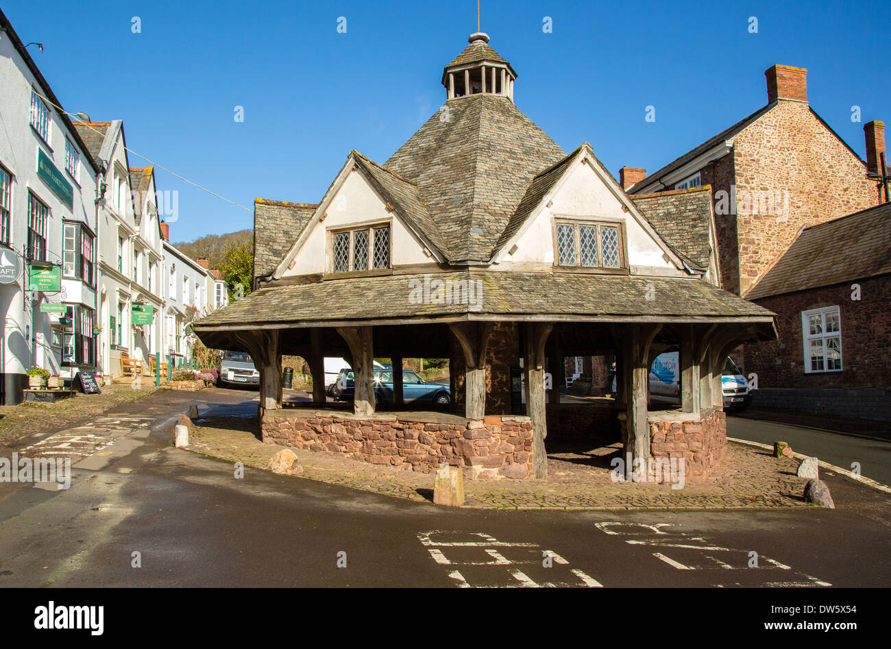The medieval Yarn Market on the main street of Dunster in West Somerset UK with unique hexagonal gabled roof Stock Photo