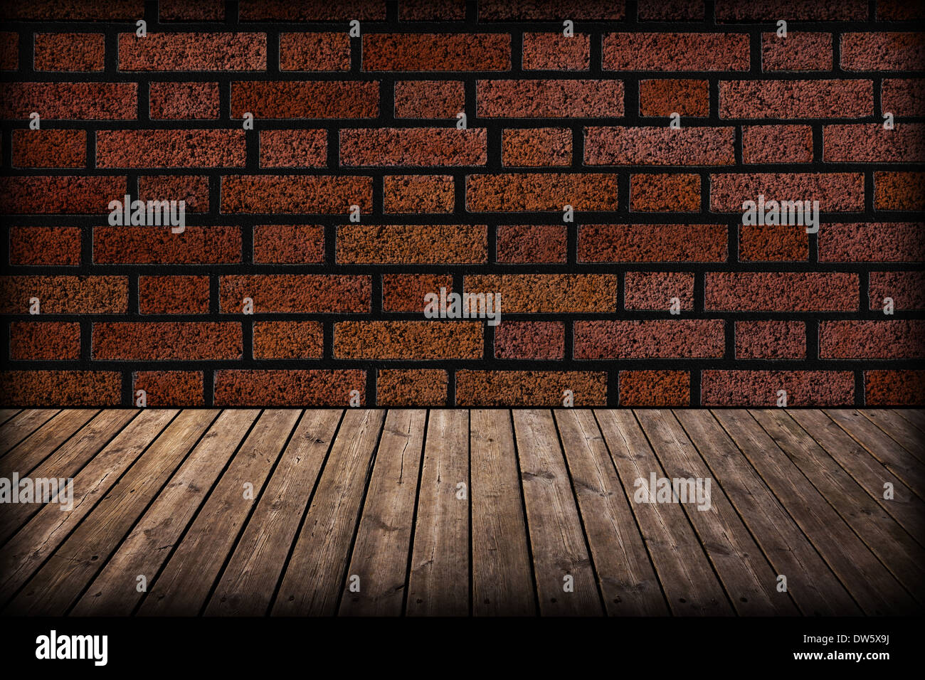 Grunge brick wall and wooden floor in a room Stock Photo - Alamy