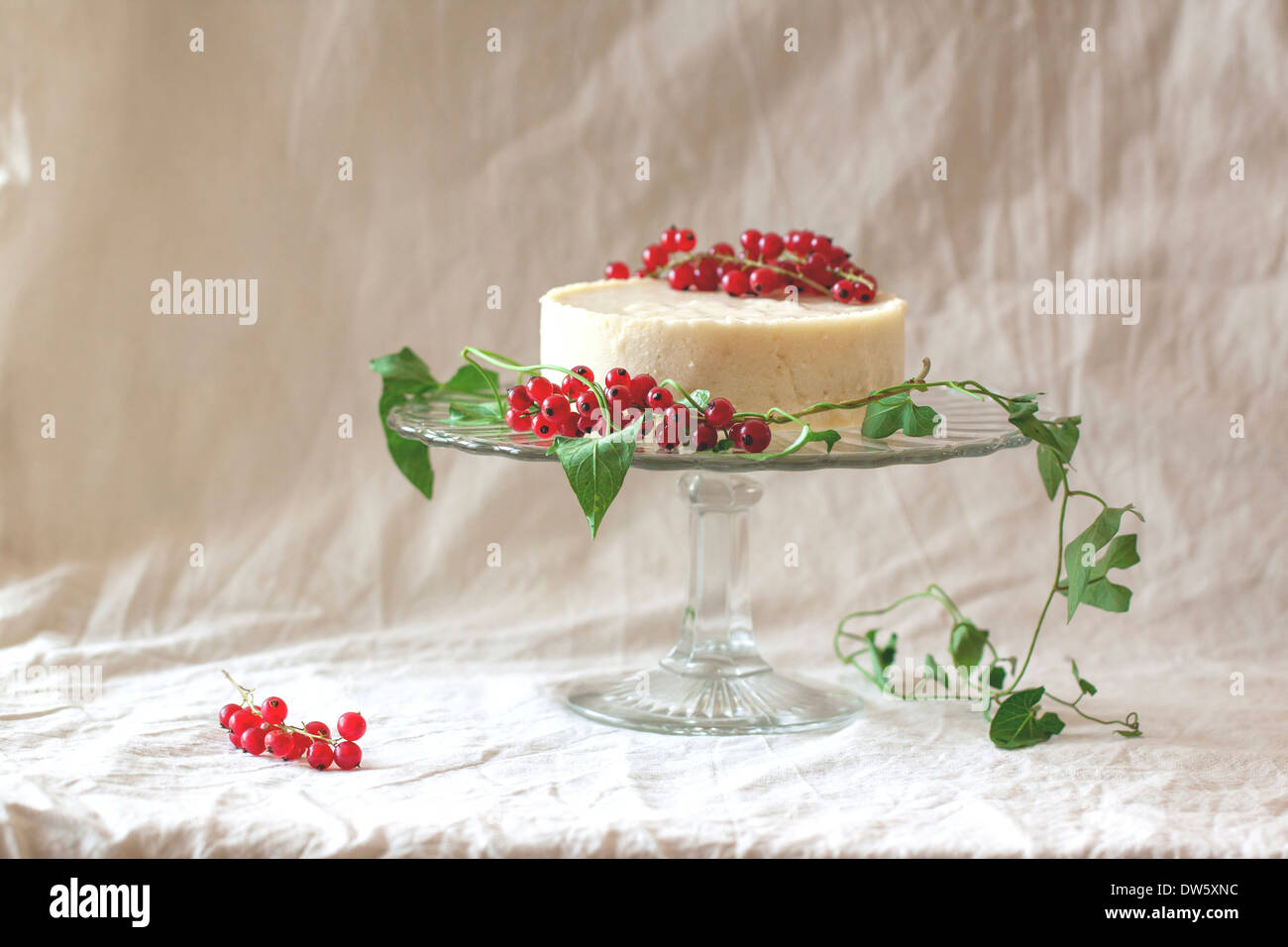White mousse cake with redcurrants on a glass plate on white cloth Stock Photo