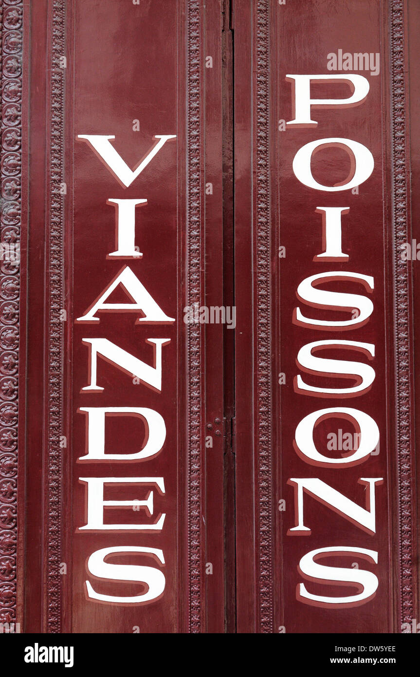 A sign for Viandes and Poissons (meat & fish) in Paris, France Stock Photo