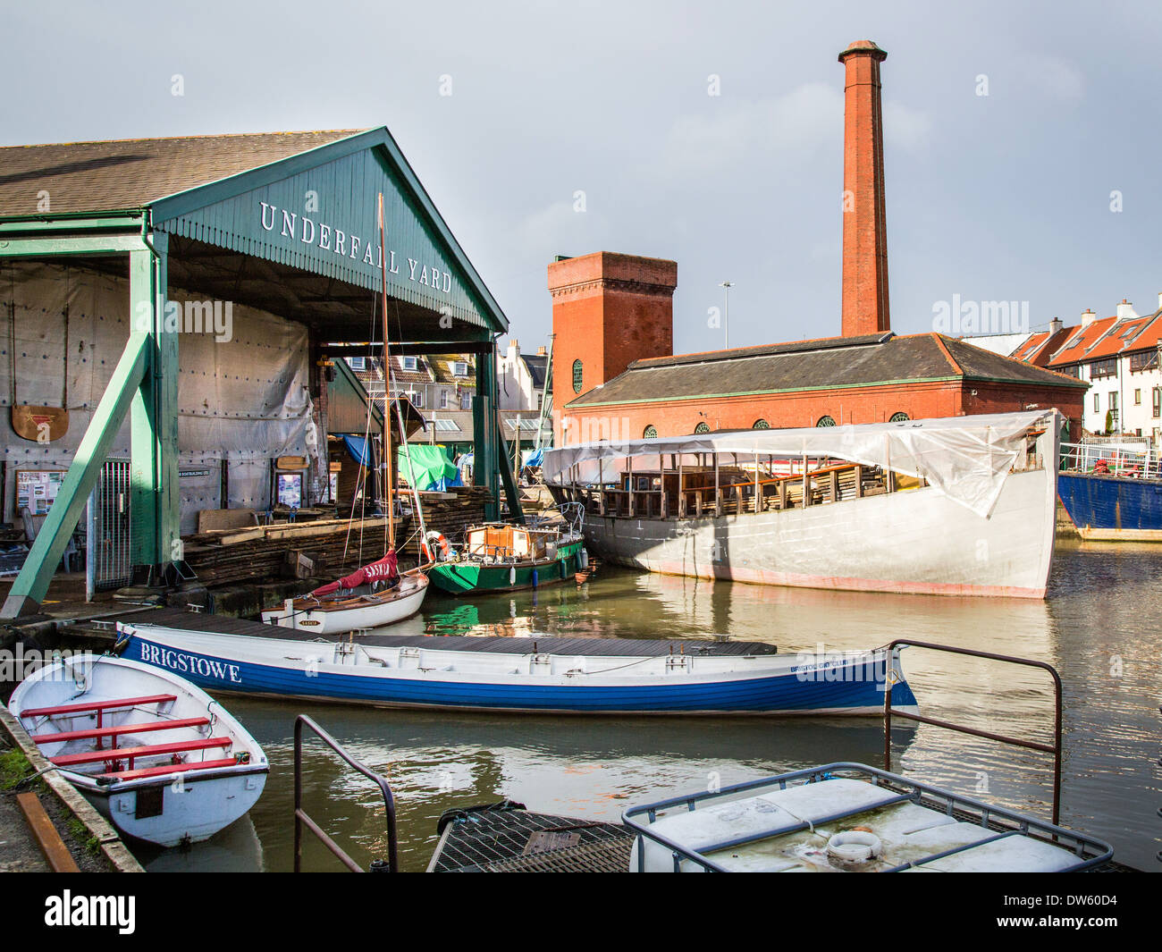 Underfall Yard id a busy boatyard building and repairing mostly wooden sailing boats on the floating harbour in Bristol UK Stock Photo