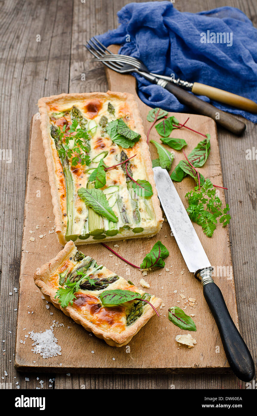 Quiche with green asparagus Stock Photo